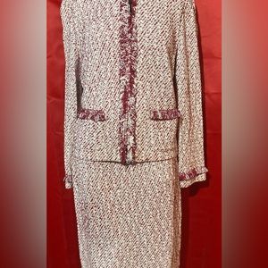 St.Johns Knit Skirt Suit Venetian Red & White Tweed Wool Rayon.